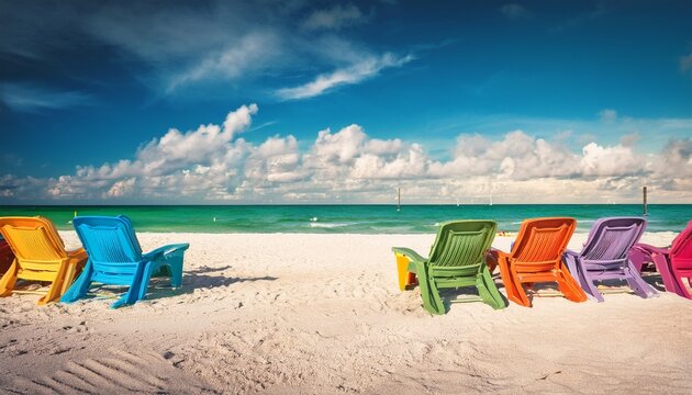 panorama of colorful lounge chairs at a tropical paradise beach in miami florida desaturated vintage instagram filter for retro looks