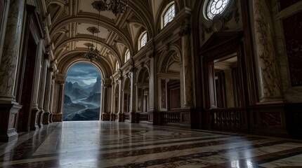 Obraz premium Grand Architectural Hallway with Dramatic Mountain View Background