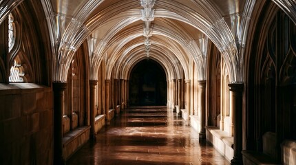 Obraz premium Grand church aisle perspective with vaulted ceiling architecture