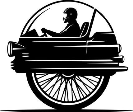 Retro monowheel vehicle silhouette featuring a driver in a dome cabin balancing on a single spoked wheel, flat vector art, logo design, isolated on white background