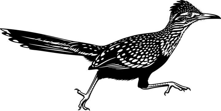Black silhouette of a fast running roadrunner bird with white spotted feather texture in side view, wildlife vector illustration, isolated on white background