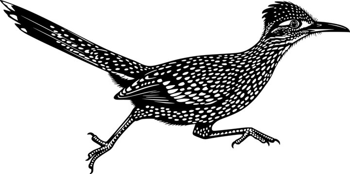 Black silhouette of a fast running roadrunner bird with white spotted feather texture in side view, wildlife vector illustration, isolated on white background