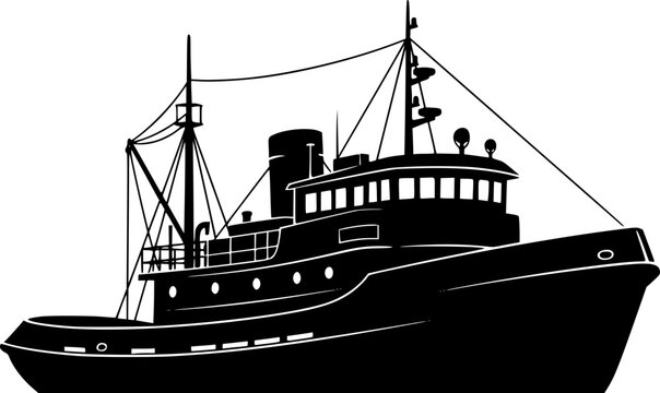 Black silhouette of a sturdy, classic tugboat or fishing vessel with detailed superstructure and mast, clean vector art graphic design, isolated on white background