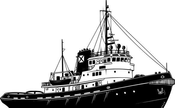 Black silhouette of a sturdy, classic tugboat or fishing vessel with detailed superstructure and mast, clean vector art graphic design, isolated on white background