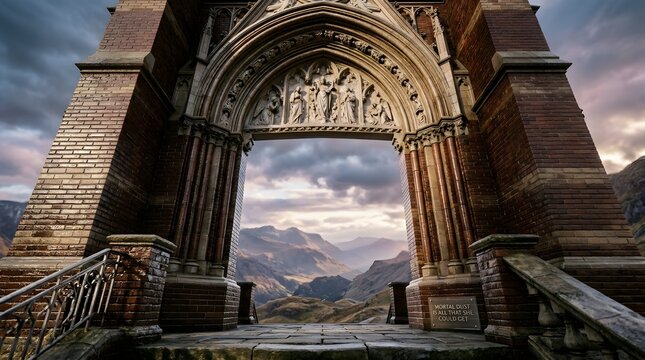 Historic stone archway opening to scenic mountain vista view