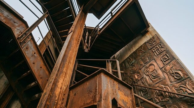 Industrial Decay: Rusty Staircase Against Ancient Relief Sculpture
