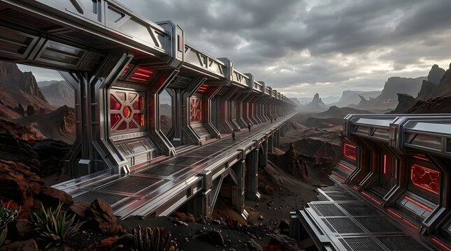 Futuristic architectural structure in a desolate canyon landscape