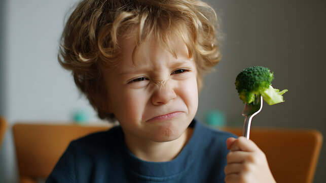 Young child grimace with dislike holding a fork with broccoli, healthy eating concept, early childhood development, food aversion