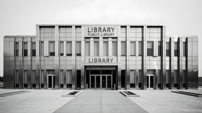 Modern Public Library Architecture Facade Monochrome Street View
