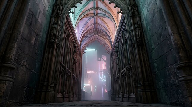 Mysterious Gothic Church Interior Corridor with Ambient Light