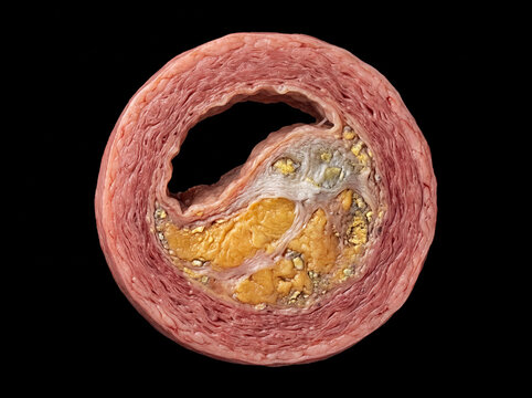 Cross-section of an atherosclerotic artery with severe lumen narrowing due to significant yellowish plaque buildup and thickened vessel walls on a black background.