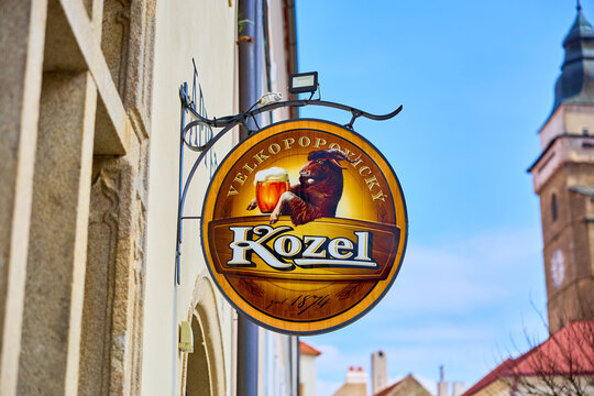 Velkopopovicky Kozel brewery pub sign with goat emblem in historic town. March 20, 2026, Slavonice, Czech Republic