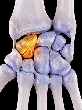3D medical illustration of a human wrist joint with a fractured scaphoid bone highlighted in glowing orange, depicting injury or pain on a black background.
