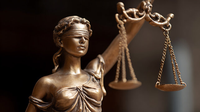 Justice figure with blindfold and scales, symbolizing law, fairness, and morality in a courtroom or legal setting, representing ethical principles
