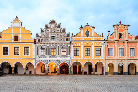 Colorful renaissance and baroque buildings in historical european town square. March 20, 2026, Telc, Czech Republic