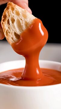 Hand breaking bread over bowl with melted cheese sauce