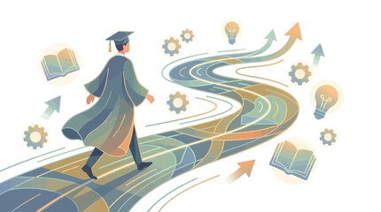 Fototapeta premium Graduate in cap and gown walking on winding road with books and lightbulbs
