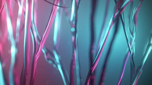 Abstract close up of thin branches with vibrant pink and blue neon lighting.