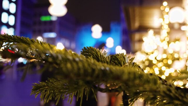 Tannenzweig vor unscharfer Weihnachtsbeleuchtung in Fu&szlig;g&auml;ngerzone