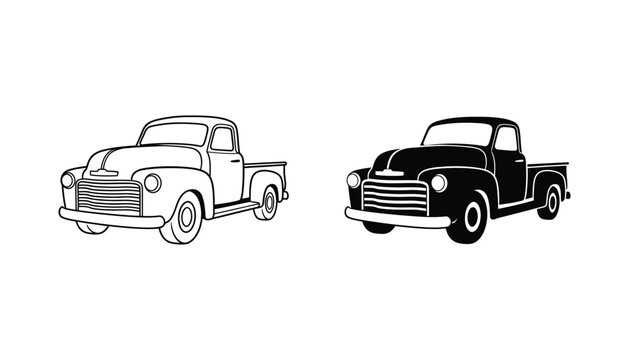 Vintage pickup truck side view in minimalist line art and solid black silhouette styles for automotive transport design