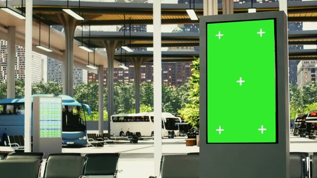 Isolated mockup TV in empty city coach station with travel timetable information, public transportation infrastructure. Modern urban transit hub with organized bus service routes for long-haul.