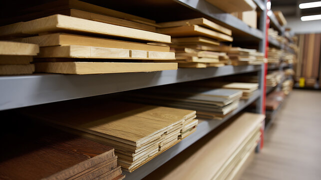 Natural Wood Planks and Boards on Shelves in a Warehouse or Lumberyard, Ready for Purchase by Carpenters and Builders