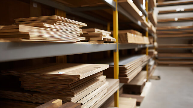 Neatly Organized Wood Boards and Panels on Shelving in a Timber Warehouse or Lumber Yard Ready for Retail or Construction Projects