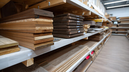 Obraz premium Variety of cut wood boards stacked on shelves in a timber yard, providing construction materials for carpentry and home improvement projects