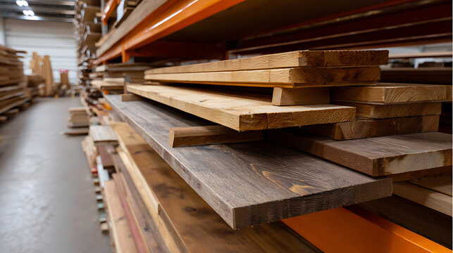 Natural Wood Boards and Planks Stacked on Metal Shelving in a Timber Warehouse or Lumber Yard, Ready for Construction and Craft Projects