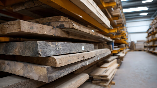 Rustic wood planks stack on industrial shelves in a timber warehouse, showcasing raw material for carpentry, construction, and craft projects