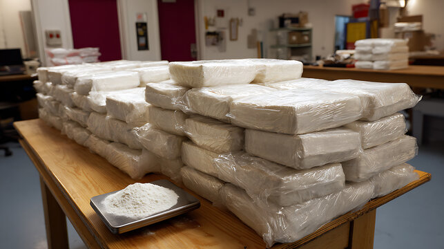 Plastic Evidence Bags Containing White Powder Substance on Desk During Narcotics Investigation and Forensic Crime Laboratory Analysis