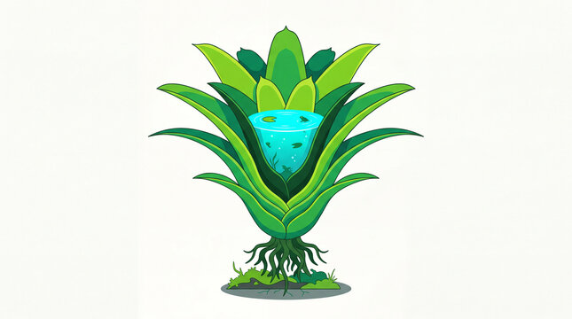 Flat Vector Cross Section of Minimalist Bromeliad Plant Pool Micro-Ecosystem