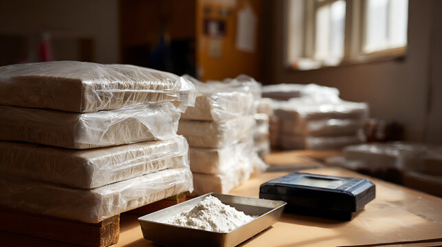Plastic Evidence Bags Containing White Powder Substance on Desk During Narcotics Investigation and Forensic Crime Laboratory Analysis
