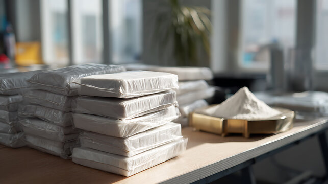 Plastic Evidence Bags Containing White Powder Substance on Desk During Narcotics Investigation and Forensic Crime Laboratory Analysis