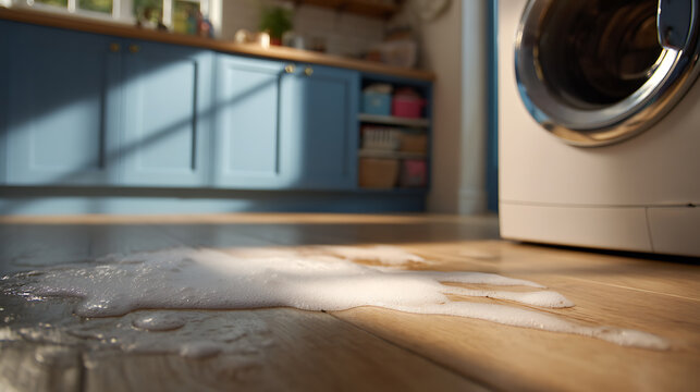 Foamy water spill on wooden floor from a home appliance in a laundry or utility room, showcasing a common household problem