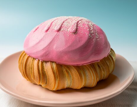 concha bread displays a textured pink topping over a golden brown bun against a background