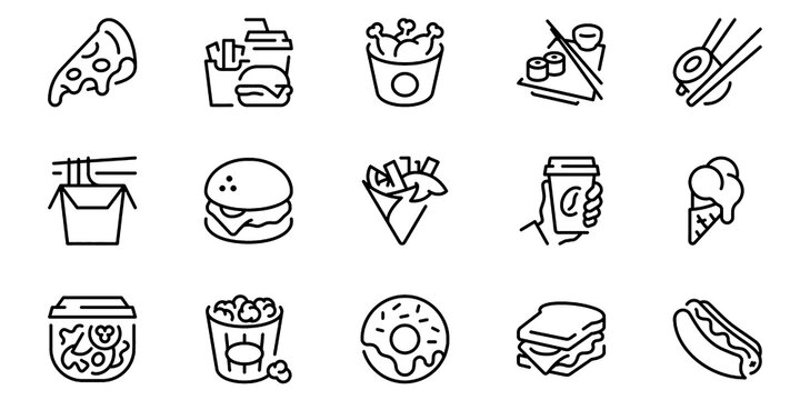 Fast Food Thin Line Icon Set, Editable Stroke Snack and Restaurant Vector Illustration Collection with Transparent Background