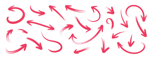Hand-Drawn Arrows Collection: A vibrant set of diverse pink hand-drawn arrows. design element, graphic marker, pointing direction, creative art, isolated graphic. © Joba Vector Studio