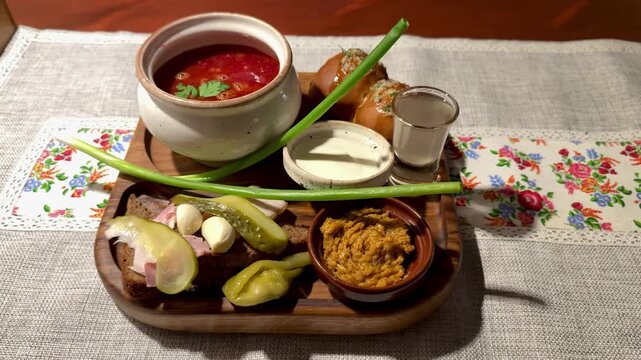 Close-up red borscht in pot, scallion garnish, lard slices and garlic buns on wooden tray, ceramic bowl of sour cream, shot glass