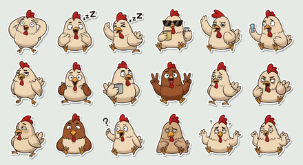 Cute Chicken Emoticons Set - Funny Cartoon Chicken Stickers with Different Emotions © Vgg