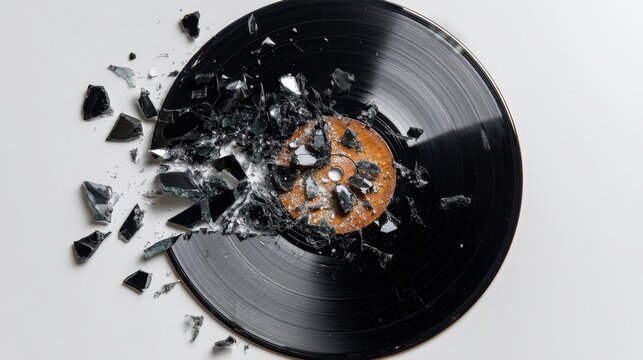 Shattered vinyl record exploding on white background, dramatic destruction concept