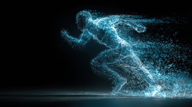 Dynamic blue particle human figure sprinting in dark dramatic space