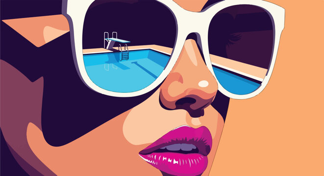 showcases a close-up of a woman's face with a turquoise swimming pool and diving board reflected in her white sunglasses. This stylish, nostalgic graphic asset is perfect for luxury travel advertising