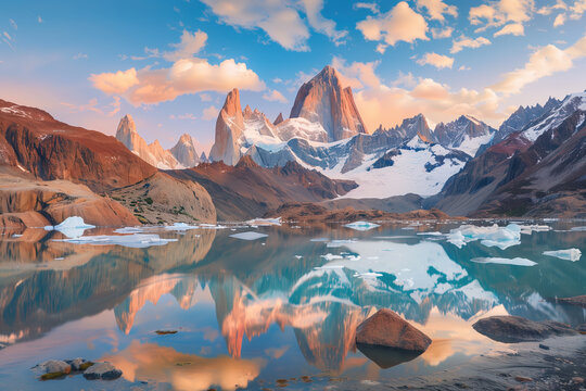 Patagonia, Argentina. Hyper-detailed wide angle view of Mount Fitz Roy peaks and turquoise lake