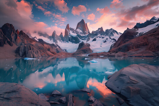 Patagonia, Argentina. Majestic Mount Fitz Roy reflected in a turquoise glacial lake at twilight