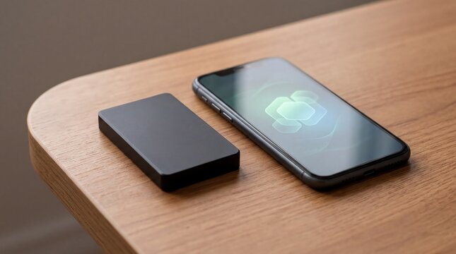 digital currency security, minimalist hardware wallet on a wooden desk beside a smartphone displaying crypto balance