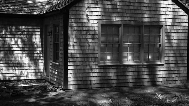 Tree shadows moving on wooden shingle house siding in monochrome