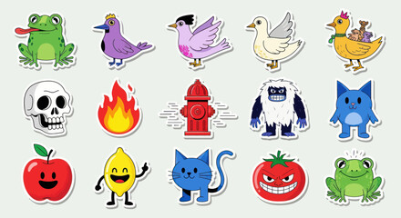Obraz premium Cute Cartoon Stickers: Animals, Objects, and Characters