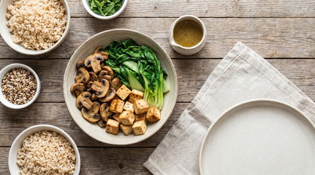 A top-down view of a healthy vegan meal with rice, tofu, mushrooms, and bok choy, beautifully arranged on a rustic wooden table.