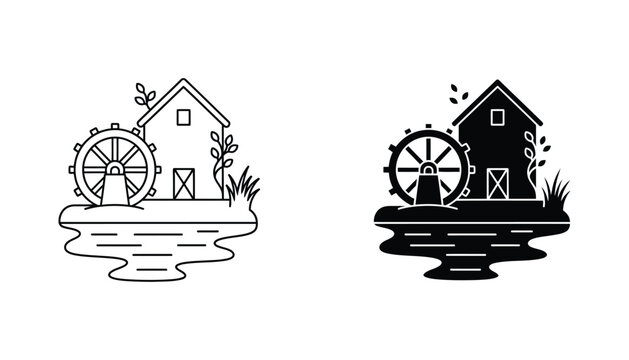 Rustic water mill and barn building icon set in outline and solid style for agricultural and nature landscape design